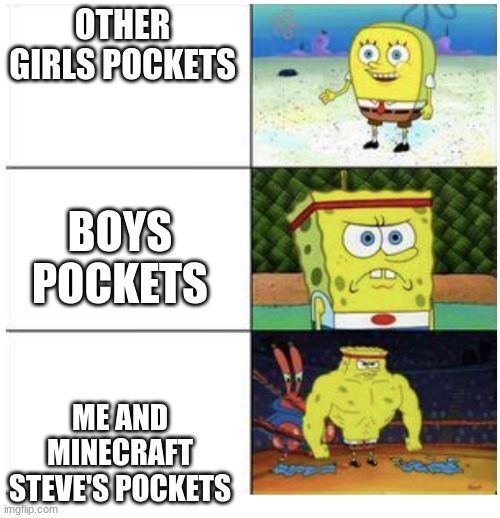 Buff Spongebob 3-panel | OTHER GIRLS POCKETS; BOYS POCKETS; ME AND MINECRAFT STEVE'S POCKETS | image tagged in buff spongebob 3-panel | made w/ Imgflip meme maker