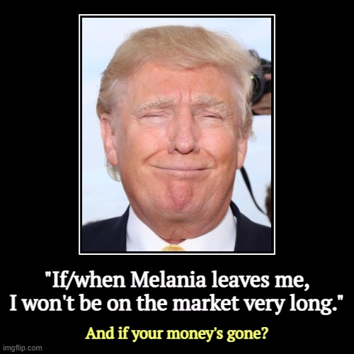 "If/when Melania leaves me, I won't be on the market very long." | And if your money's gone? | image tagged in funny,demotivationals,trump,melania trump,divorce,money | made w/ Imgflip demotivational maker