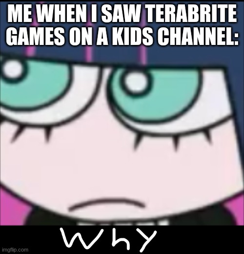kawaii | ME WHEN I SAW TERABRITE GAMES ON A KIDS CHANNEL: | image tagged in bro why | made w/ Imgflip meme maker