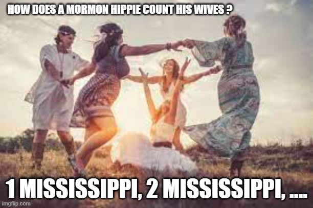 memes by Brad - How does a Mormon hippie count wives ? | HOW DOES A MORMON HIPPIE COUNT HIS WIVES ? 1 MISSISSIPPI, 2 MISSISSIPPI, .... | image tagged in funny,fun,funny meme,mormons,religion,humor | made w/ Imgflip meme maker