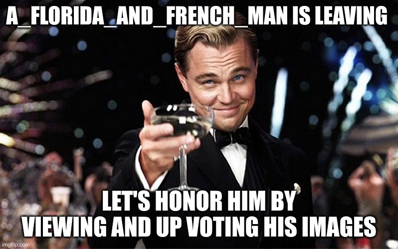 Salute | A_FLORIDA_AND_FRENCH_MAN IS LEAVING; LET'S HONOR HIM BY VIEWING AND UP VOTING HIS IMAGES | image tagged in leonardo dicaprio raise glass,highest honor | made w/ Imgflip meme maker