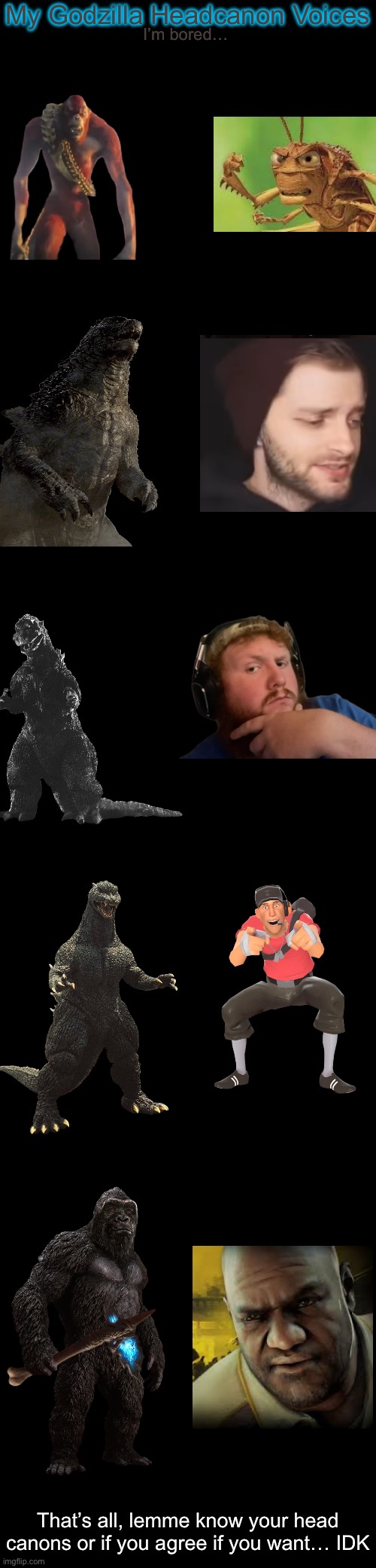 Headcanon voices for the Kaiju | My Godzilla Headcanon Voices; I’m bored…; That’s all, lemme know your head canons or if you agree if you want… IDK | image tagged in godzilla,godzilla vs kong,tf2 scout,voices,headcanon | made w/ Imgflip meme maker