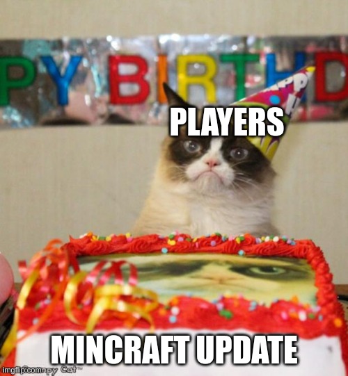 Grumpy Cat Birthday Meme | PLAYERS; MINCRAFT UPDATE | image tagged in memes,grumpy cat birthday,grumpy cat | made w/ Imgflip meme maker