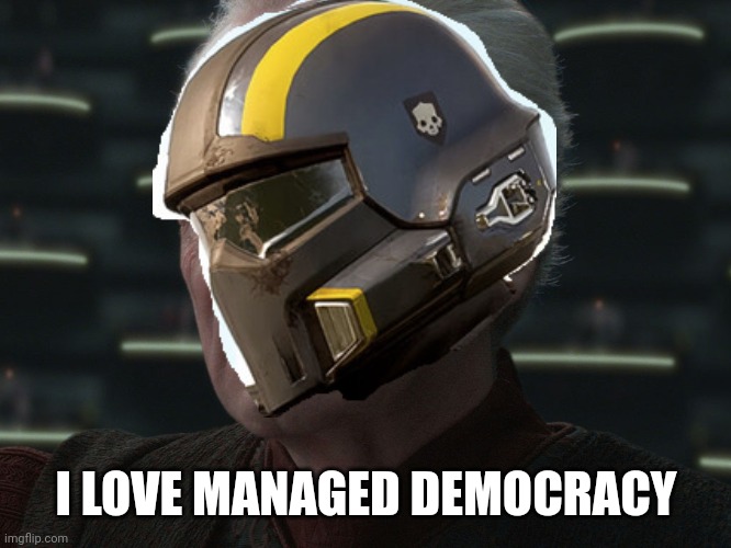Low effort Helldivers memes part 4 | I LOVE MANAGED DEMOCRACY | image tagged in i love democracy,helldivers | made w/ Imgflip meme maker