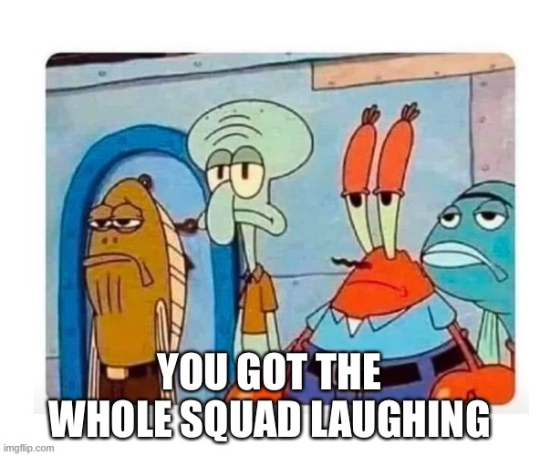 SpongeBob bruh | YOU GOT THE WHOLE SQUAD LAUGHING | image tagged in spongebob bruh | made w/ Imgflip meme maker