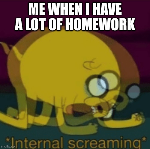lots of hw | ME WHEN I HAVE A LOT OF HOMEWORK | image tagged in jake the dog internal screaming | made w/ Imgflip meme maker