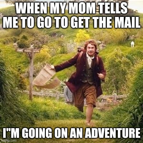 Hobbit adventure | WHEN MY MOM TELLS ME TO GO TO GET THE MAIL; I"M GOING ON AN ADVENTURE | image tagged in hobbit adventure | made w/ Imgflip meme maker