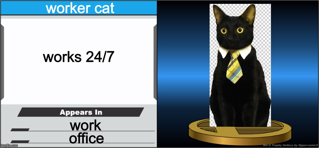 cat | worker cat; works 24/7; work; office | image tagged in smash bros trophy | made w/ Imgflip meme maker