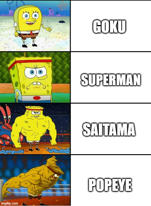 i guess Goku is the joke of this meme | GOKU; SUPERMAN; SAITAMA; POPEYE | image tagged in strong spongebob chart,goku,superman,saitama,popeye,dbz meme | made w/ Imgflip meme maker
