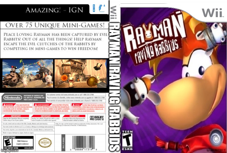 Rayman Raving Rabbids Wii Custom Boxart | RAYMAN RAVING RABBIDS | image tagged in rayman,rabbids,ubisoft,wii,nintendo,2000s | made w/ Imgflip meme maker