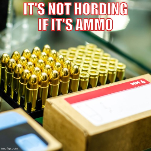 Hoarding Ammo | IT'S NOT HORDING
IF IT'S AMMO | image tagged in ammo,hoarding,humor,2nd amendment,guns and ammo | made w/ Imgflip meme maker