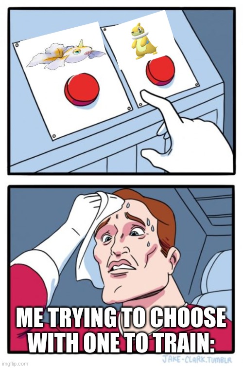Umm... | ME TRYING TO CHOOSE WITH ONE TO TRAIN: | image tagged in memes,two buttons | made w/ Imgflip meme maker