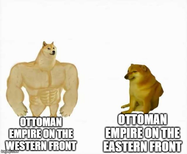 WWI Tale of 2 Fronts | OTTOMAN EMPIRE ON THE EASTERN FRONT; OTTOMAN EMPIRE ON THE WESTERN FRONT | image tagged in strong dog vs weak dog | made w/ Imgflip meme maker