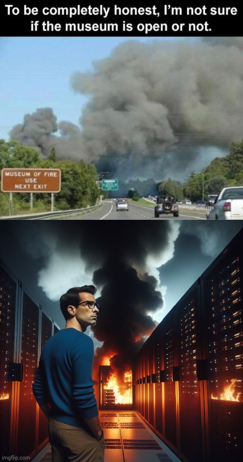 Museum of fire | image tagged in person looking at a datacenter on fire,you had one job,museum,fire,memes,smoke | made w/ Imgflip meme maker