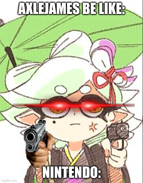 Marie with a gun | AXLEJAMES BE LIKE:; NINTENDO: | image tagged in marie with a gun | made w/ Imgflip meme maker
