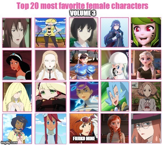 top 20 most favorite female characters volume 3 | FUJIKO MINE | image tagged in top 20 most favorite female characters volume 3,anime,redheads,videogames,pokemon,princess | made w/ Imgflip meme maker