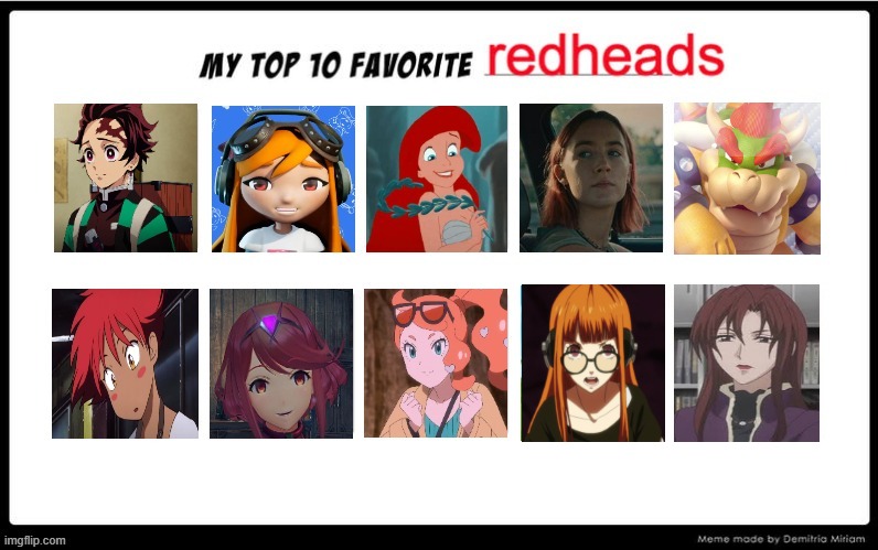 top 10 favorite redheads | image tagged in top 10 favorite redheads,anime,ariel,nintendo,persona 5,gingers | made w/ Imgflip meme maker