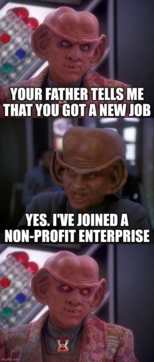 lucky for Quark his heart is colder than gold-pressed latinum, or this might have broken it | YOUR FATHER TELLS ME
THAT YOU GOT A NEW JOB; YES. I'VE JOINED A
NON-PROFIT ENTERPRISE | image tagged in annoyed quark,nog deep space nine ds9 ferengi | made w/ Imgflip meme maker
