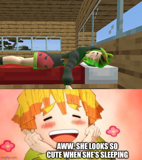 Zenitsu reacts to Melony sleeping | AWW, SHE LOOKS SO CUTE WHEN SHE’S SLEEPING | image tagged in smg4,demon slayer | made w/ Imgflip meme maker