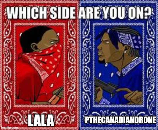 Fuck lala | PTHECANADIANDRONE; LALA | image tagged in which side are you on | made w/ Imgflip meme maker