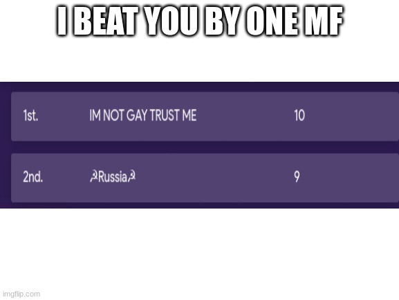 beat by one lol | I BEAT YOU BY ONE MF | image tagged in blank white template | made w/ Imgflip meme maker