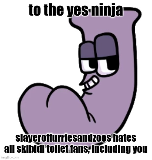 @TheYesNinja | to the yes ninja; slayeroffurriesandzoos hates all skibidi toilet fans, including you | made w/ Imgflip meme maker