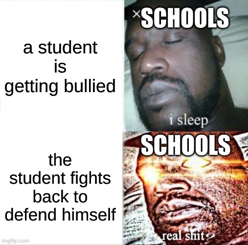 schools dealing with bullying be like: | SCHOOLS; a student is getting bullied; SCHOOLS; the student fights back to defend himself | image tagged in memes,sleeping shaq | made w/ Imgflip meme maker