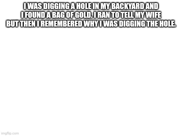 I WAS DIGGING A HOLE IN MY BACKYARD AND I FOUND A BAG OF GOLD. I RAN TO TELL MY WIFE BUT THEN I REMEMBERED WHY I WAS DIGGING THE HOLE. | made w/ Imgflip meme maker