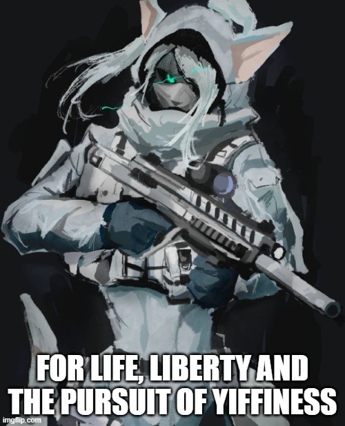 Furry Soldier | FOR LIFE, LIBERTY AND THE PURSUIT OF YIFFINESS | image tagged in furry soldier,pro furry | made w/ Imgflip meme maker