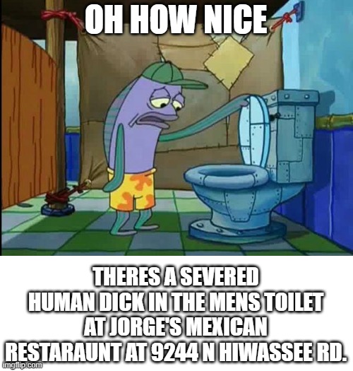 oh thats a toilet spongebob fish | OH HOW NICE; THERES A SEVERED HUMAN DICK IN THE MENS TOILET AT JORGE'S MEXICAN RESTARAUNT AT 9244 N HIWASSEE RD. | image tagged in oh thats a toilet spongebob fish | made w/ Imgflip meme maker