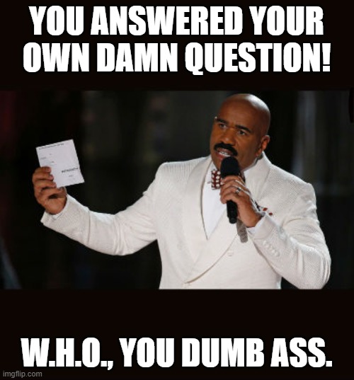 YOU ANSWERED YOUR OWN DAMN QUESTION! W.H.O., YOU DUMB ASS. | image tagged in wrong answer steve harvey | made w/ Imgflip meme maker