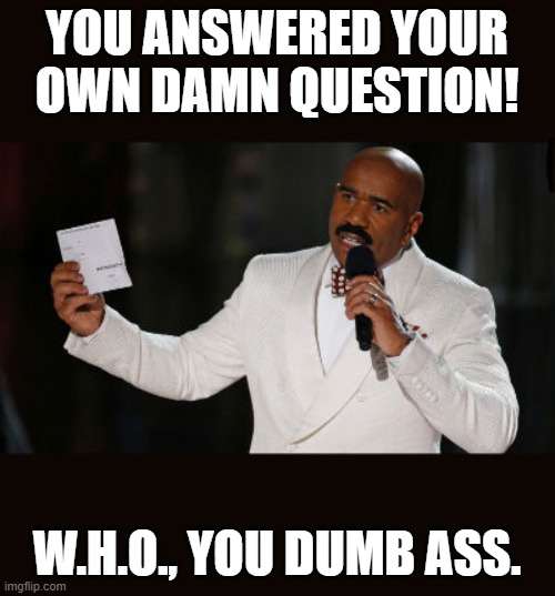 Wrong Answer Steve Harvey | YOU ANSWERED YOUR OWN DAMN QUESTION! W.H.O., YOU DUMB ASS. | image tagged in wrong answer steve harvey | made w/ Imgflip meme maker