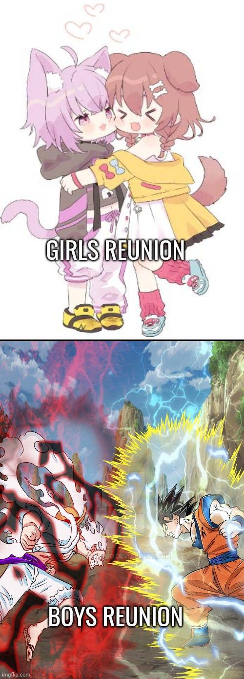 inugami korone Nekomata Okayu hug | GIRLS REUNION; BOYS REUNION | image tagged in inugami korone nekomata okayu hug | made w/ Imgflip meme maker