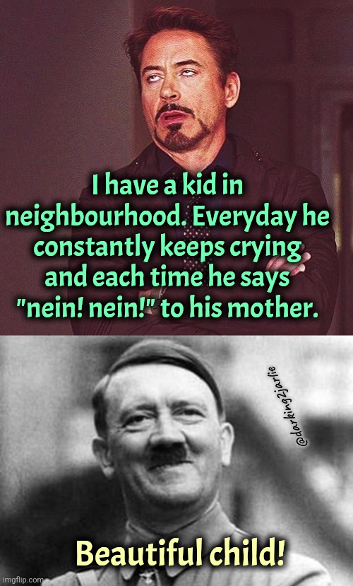 Let's hope he doesn't get rejected in arts school | I have a kid in neighbourhood. Everyday he constantly keeps crying and each time he says "nein! nein!" to his mother. @darking2jarlie; Beautiful child! | image tagged in robert downey jr annoyed,adolf hitler | made w/ Imgflip meme maker