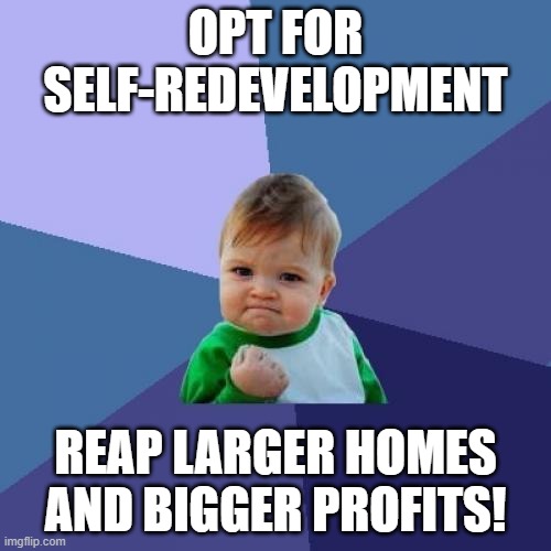 Success Kid Meme | OPT FOR SELF-REDEVELOPMENT; REAP LARGER HOMES AND BIGGER PROFITS! | image tagged in memes,success kid | made w/ Imgflip meme maker
