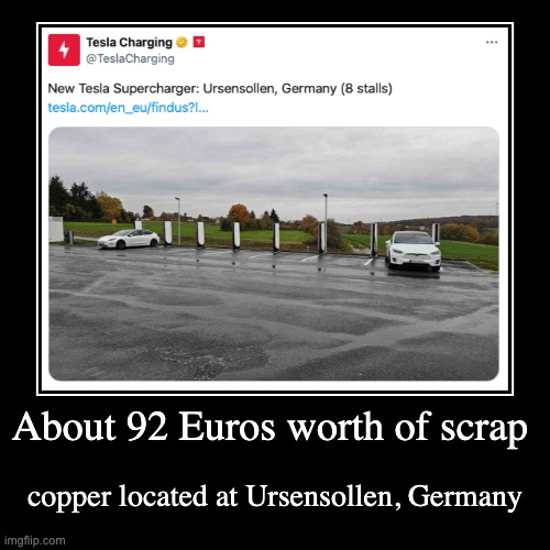 No... this is a terrible idea, don't do that. | About 92 Euros worth of scrap | copper located at Ursensollen, Germany | image tagged in funny,demotivationals,scrap,copper,tesla,supercharger | made w/ Imgflip demotivational maker
