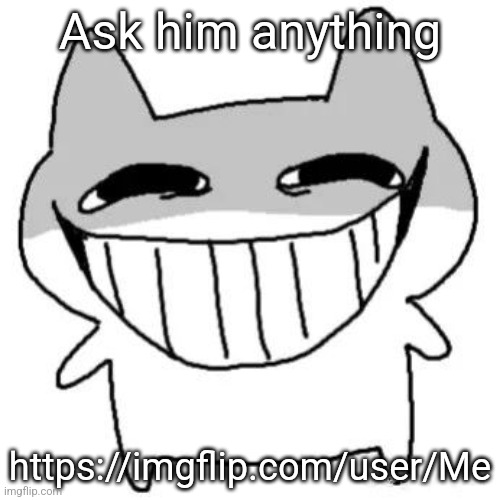 hihi | Ask him anything; https://imgflip.com/user/Me | image tagged in hihi | made w/ Imgflip meme maker