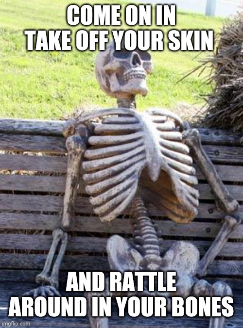 Rattle around in your bones | COME ON IN TAKE OFF YOUR SKIN; AND RATTLE AROUND IN YOUR BONES | image tagged in memes,waiting skeleton,funny memes | made w/ Imgflip meme maker