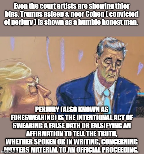 Even the court artists are showing thier bias, Trumps asleep & poor Cohen ( convicted of perjury ) is shown as a humble honest man. PERJURY (ALSO KNOWN AS FORESWEARING) IS THE INTENTIONAL ACT OF SWEARING A FALSE OATH OR FALSIFYING AN AFFIRMATION TO TELL THE TRUTH, WHETHER SPOKEN OR IN WRITING, CONCERNING MATTERS MATERIAL TO AN OFFICIAL PROCEEDING. | made w/ Imgflip meme maker