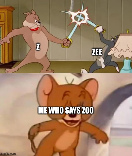 bro can’t pronounce anything | Z; ZEE; ME WHO SAYS ZOO | image tagged in tom and spike fighting,pronunciation | made w/ Imgflip meme maker