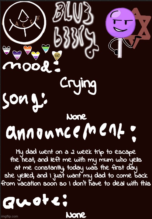 Blu3’s announcement temp | Crying; None; My dad went on a 2 week trip to escape the heat, and left me with my mum who yells at me constantly, today was the first day she yelled, and I just want my dad to come back from vacation soon so I don’t have to deal with this; None | image tagged in blu3 s announcement temp | made w/ Imgflip meme maker