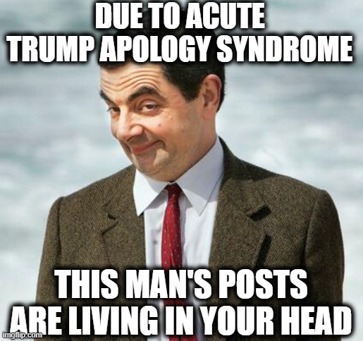 mr bean | DUE TO ACUTE TRUMP APOLOGY SYNDROME THIS MAN'S POSTS ARE LIVING IN YOUR HEAD | image tagged in mr bean | made w/ Imgflip meme maker