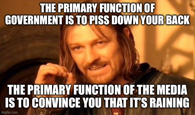 One Does Not Simply Meme | THE PRIMARY FUNCTION OF GOVERNMENT IS TO PISS DOWN YOUR BACK; THE PRIMARY FUNCTION OF THE MEDIA IS TO CONVINCE YOU THAT IT’S RAINING | image tagged in memes,one does not simply | made w/ Imgflip meme maker