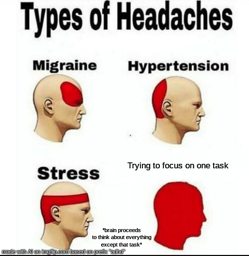 Types of Headaches meme | Trying to focus on one task; *brain proceeds to think about everything except that task* | image tagged in types of headaches meme | made w/ Imgflip meme maker