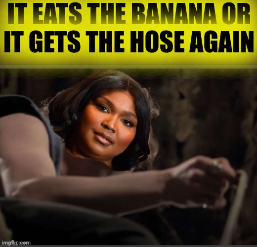 IT EATS THE BANANA OR
IT GETS THE HOSE AGAIN | made w/ Imgflip meme maker