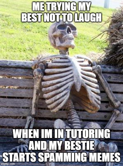 Waiting Skeleton Meme | ME TRYING MY BEST NOT TO LAUGH; WHEN IM IN TUTORING AND MY BESTIE STARTS SPAMMING MEMES | image tagged in memes,waiting skeleton | made w/ Imgflip meme maker