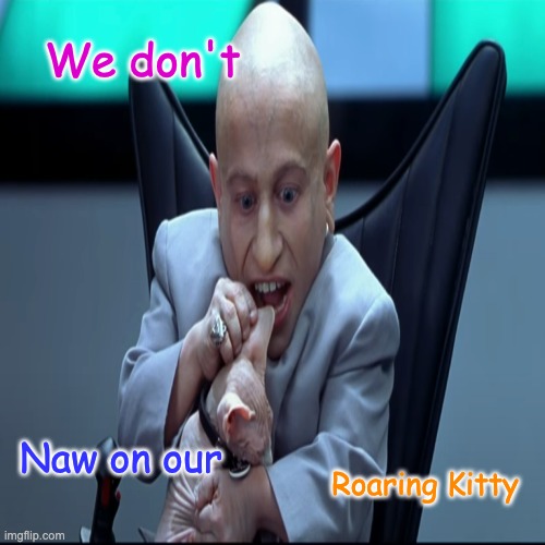 We don't Naw on our Roaring Kitty | We don't; Naw on our; Roaring Kitty | image tagged in wolf of wallstreet | made w/ Imgflip meme maker