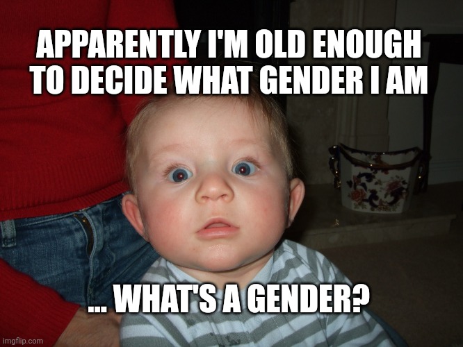 worry | APPARENTLY I'M OLD ENOUGH TO DECIDE WHAT GENDER I AM; ... WHAT'S A GENDER? | image tagged in worry | made w/ Imgflip meme maker