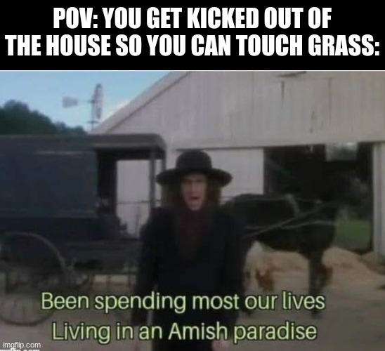 no phones no lights no motorcar | POV: YOU GET KICKED OUT OF THE HOUSE SO YOU CAN TOUCH GRASS: | image tagged in amish paradise | made w/ Imgflip meme maker
