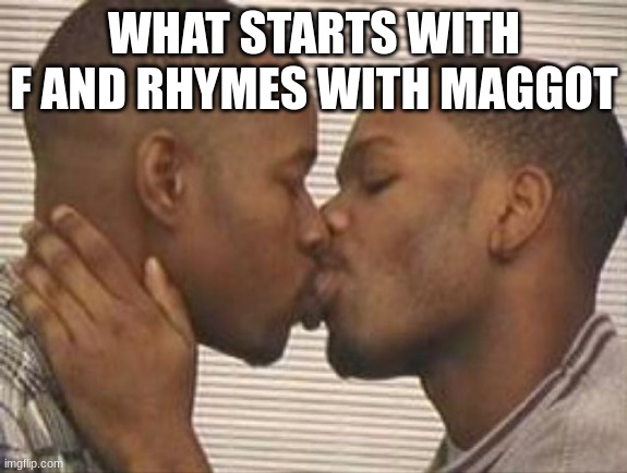 2 gay black mens kissing | WHAT STARTS WITH F AND RHYMES WITH MAGGOT | image tagged in 2 gay black mens kissing | made w/ Imgflip meme maker